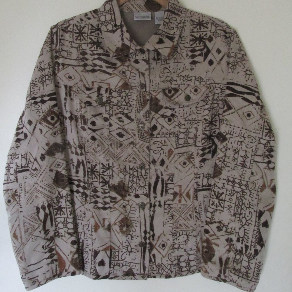 Chico's Faux Suede Shirt - Brn print button blouse